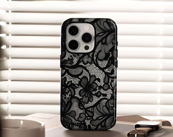 Vintage Lace Phone Case Elegant Black Flower DesigniPhone 17, 16, 15, 14, 13, 12, Plus, Pro Max, Samsung S25, S24, S23, S22 Ultra