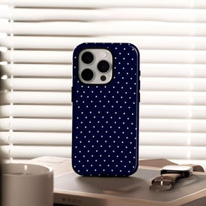 Navy Polka Dot Phone Case Rugged and Durable Case for iPhone 17, 16, 15, 14, 13, 12, Plus Pro Max, Samsung S25, S24, S23, S22 Ultra