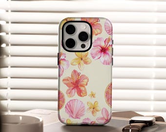 Hibiscus Seashell Phone Case, schattig zomerbloemenpatroon met iPhone 17, 16, 15, 14, 13, 12, Plus, Pro Max, Samsung S25, S24, S23, S22 Ultra