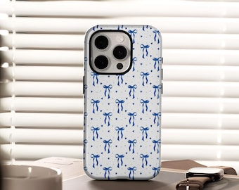 Blue Coquette bow phone case, compatible with iPhone 17, 16, 15, 14, 13, 12, Plus, Pro Max, and Samsung S25, S24, S23, S22 Ultra.