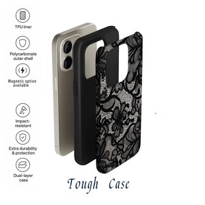May include: A black and gray floral lace phone case with a black inner case and a silver phone. The case is a dual-layer design with a TPU liner and a polycarbonate outer shell. The text "Tough Case" is at the bottom.