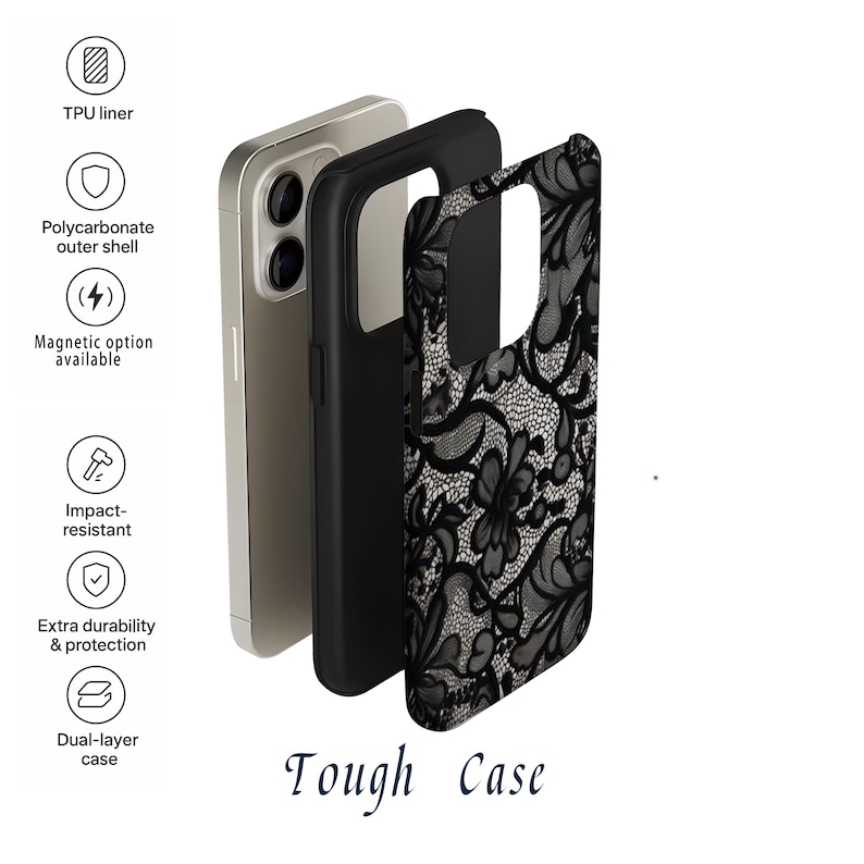 May include: A black and gray floral lace phone case with a black inner case and a silver phone. The case is a dual-layer design with a TPU liner and a polycarbonate outer shell. The text "Tough Case" is at the bottom.