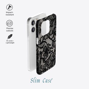 May include: A slim phone case with a black lace pattern. The case is shown next to a silver phone, with the words "Impact-resistant", "Precise cutouts", and "PC shell / Lightweight" displayed. The words "Slim Case" are also shown.