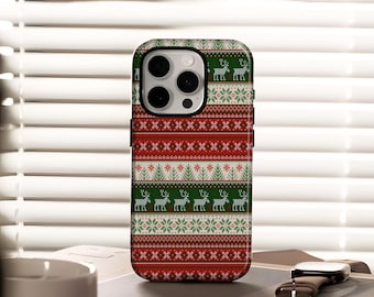 Christmas phone case reindeer tree design, with iPhone 17, 16, 15, 14, 13, 12, 11 Pro Max and Samsung S25, S24, S23, S22, S21 Plus Ultra.