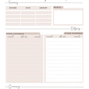 May include: A beige and white planner page with the words "Budget & Intentions" at the top. The page is divided into sections for income, goals, fixed expenses, other expenses, and a summary. The layout includes spaces for dates, amounts, and account details.