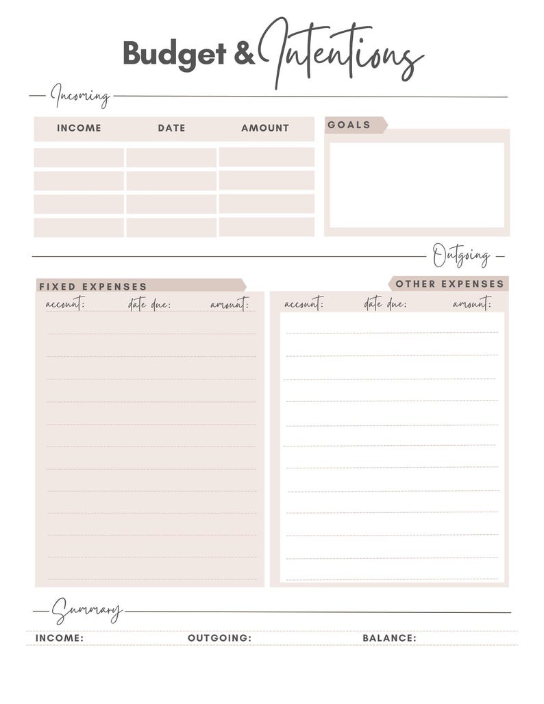 May include: A beige and white planner page with the words "Budget & Intentions" at the top. The page is divided into sections for income, goals, fixed expenses, other expenses, and a summary. The layout includes spaces for dates, amounts, and account details.