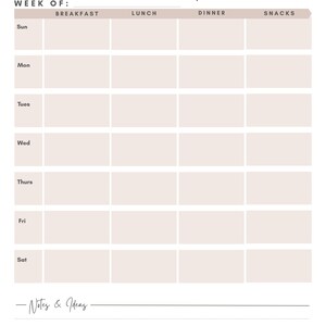 May include: A weekly meal planner with a beige and white design. The title "The Weekly Meal Planner" is at the top. The planner includes sections for each day of the week, with spaces for breakfast, lunch, dinner, and snacks. There is a section for notes and ideas.
