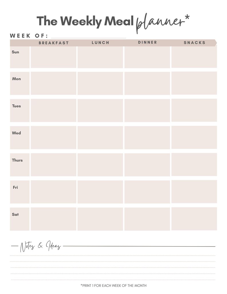 May include: A weekly meal planner with a beige and white design. The title "The Weekly Meal Planner" is at the top. The planner includes sections for each day of the week, with spaces for breakfast, lunch, dinner, and snacks. There is a section for notes and ideas.