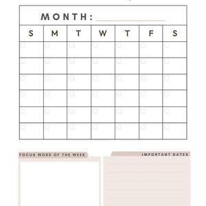 May include: A white and beige monthly planner with the text "The Monthly Reset planner." The planner includes a calendar grid, a section for a focus word of the week, and a section for important dates.