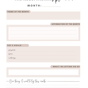 May include: A white monthly planner titled "The Reset Monthly planner" with sections for the month, theme, affirmation, goals, and what to let go of. The planner has a minimalist design with a neutral color palette.