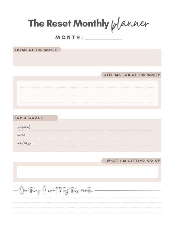 Monthly Reset Planner PDF | Undated Minimalist Monthly Planner | Budget, Goals, Meal Plan, Self-Care & Reflection | Digital Download