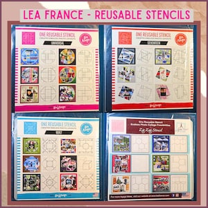 Op de afbeelding: Vier herbruikbare sjablonen voor foto-indelingen. Elk sjabloon zit in een doorzichtige plastic hoes en heeft een ander ontwerp: Universal, Seventeen, Quilt en Zig Zag. De sjablonen zijn voorzien van het merk Lea France.