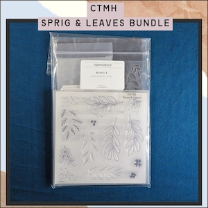 May include: A clear plastic package containing a sprig and leaves bundle. The bundle includes a clear stamp set with various leaf and sprig designs, and a white label with the text "BUNDLE". The text "SPRIG & LEAVES BUNDLE" is at the top.