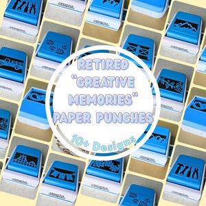 Puede incluir: Una colección de perforadoras de papel azules y blancas con varios diseños, incluyendo herramientas, montañas y un camión. La imagen presenta el texto "RETIRED 'CREATIVE MEMORIES' PAPER PUNCHES" y "10+ Designs" en un diseño circular.