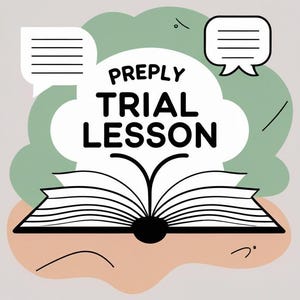 May include: An image with the text "PREPLY TRIAL LESSON" above an open book illustration. The design incorporates speech bubbles and a colour scheme of green, peach, and grey.