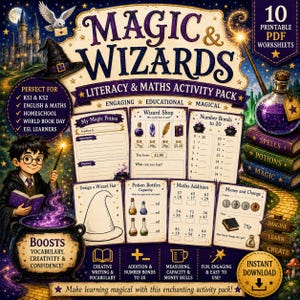 May include: A digital activity pack titled Magic & Wizards Literacy & Maths Activity Pack featuring 10 printable PDF worksheets. The design includes a wizard character, a cauldron, potion bottles, and educational exercises for maths and literacy.