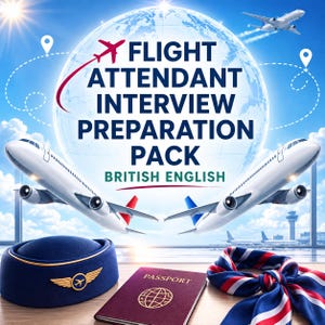 May include: A digital graphic titled FLIGHT ATTENDANT INTERVIEW PREPARATION PACK BRITISH ENGLISH featuring a globe, two airplanes, a blue flight attendant hat with a gold wing emblem, a maroon passport, and a red, white, and blue patterned scarf.