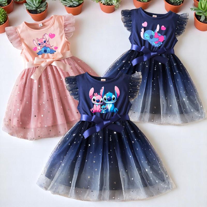 Vestito tutù con paillettes e fiocco per bambine di Lilo e Stitch, maniche a palloncino, abito da principessa per feste di compleanno con fiocco e stelle, festa a tema Disney Ohana