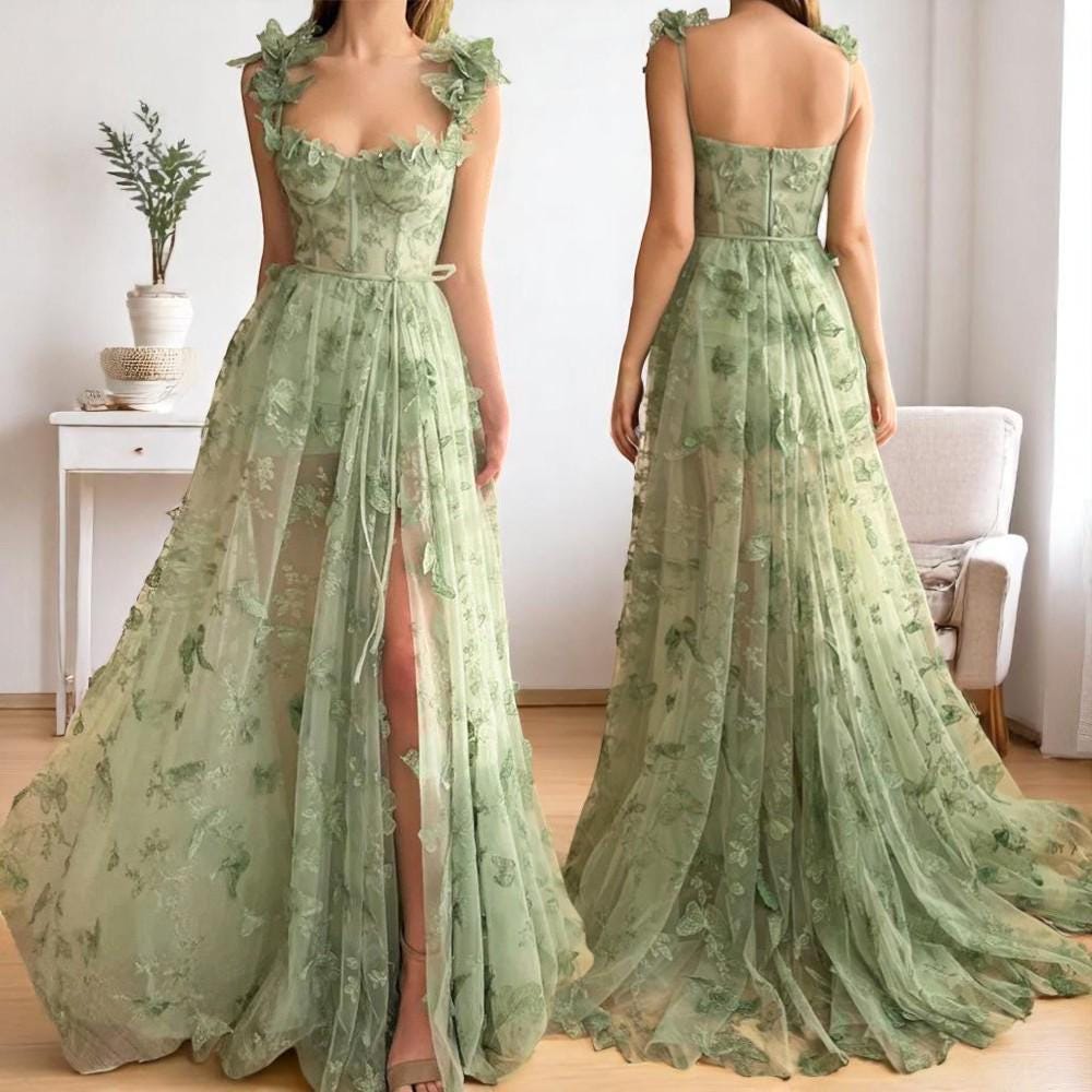 Vintage 3D Butterfly Embroidered Tulle Dress – Whimsical Maxi Midi Strap Dress - Corset Style Formal Dress - Spring Wedding Fairy Gown