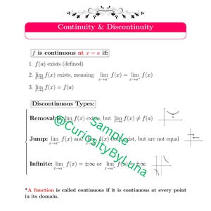 May include: A pink-bordered page with the title "Continuity & Discontinuity" and mathematical formulas. The text explains the conditions for a function to be continuous and describes different types of discontinuities, including removable, jump, and infinite.