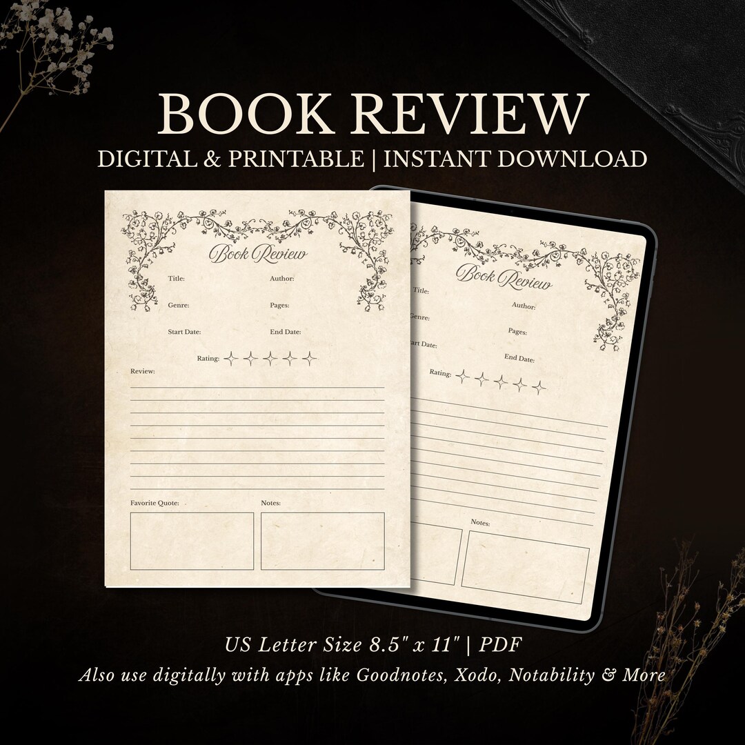 Book Review Printable PDF | Reading Journal Page | Dark Academia Book ...