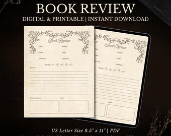 Book Review Printable PDF | Reading Journal Page | Dark Academia Book Tracker | Literary Notes Sheet | Digital Download