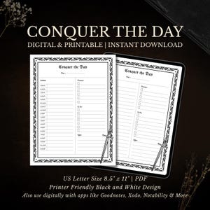 Könnte beinhalten: Ein schwarz-weiß druckbarer Planer mit dem Text "CONQUER THE DAY". Der Planer enthält Abschnitte für Zeitplanung, Prioritäten und To-Do-Listen. Das Design zeigt dekorative Bordüren und Schwertillustrationen. Größe: 21,6 cm x 27,9 cm.