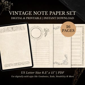 May include: A vintage note paper set with a digital and printable design. The set includes 26 pages with decorative borders and lined pages. The paper size is US Letter 8.5" x 11" PDF. The set is designed for use with apps like Goodnotes.