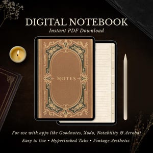 Digital Notebook PDF, Hyperlinked Tabs for Goodnotes & Notability, Digital Journal Template, Vintage Book Aesthetic, Dark Academia Planner