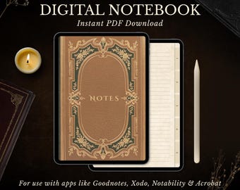 Digital Notebook PDF, Hyperlinked Tabs for Goodnotes & Notability, Digital Journal Template, Vintage Book Aesthetic, Dark Academia Planner