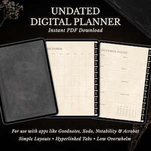 Planificador mensual digital para Goodnotes y Notability, pestañas con hipervínculos, plantilla PDF, estética Dark Academia, estilo libro antiguo, planificador sin fecha.
