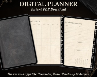 Digital Monthly Planner for Goodnotes & Notability, Hyperlinked Tabs, PDF Template, Dark Academia Aesthetic, Old Book Style, Undated Planner