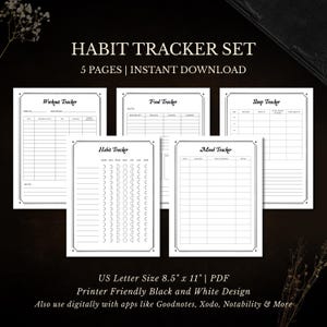 May include: A black and white habit tracker set with five pages available for instant download. The set includes trackers for workouts, food, sleep, habits, and mood. The US Letter size is 8.5" x 11" and is printer-friendly. It can also be used digitally with apps like Goodnotes.