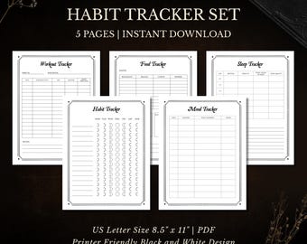 Digital Habit Tracker Bundle, Mood, Sleep, Food, Workout Trackers, Printable and Digital Planner Pages, Dark Academia Gothic, Wellness Goals