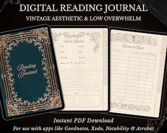 Digital Reading Journal, Vintage Book Aesthetic, Hyperlinked, Minimal Pages, Goodnotes, Book Review & Goals, ADHD Friendly Book Tracker PDF