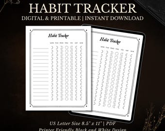 Dark Academia Habit Tracker | Printable & Digital Gothic Planner | Vintage Aesthetic | Weekly Goals | Color in Moons | Self Care Page