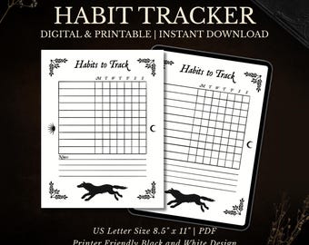 Weekly Habit Tracker, Printable & Digital Witchy Planner, Vintage Dark Academia Aesthetic, Wellness Goals, Self Care, Wolf Gothic Stationery