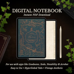 Digital Notebook PDF, Hyperlinked Tabs for Goodnotes & Notability, Digital Journal Template, Vintage Book Aesthetic, Dark Academia Planner