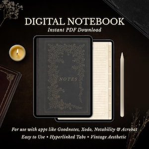 Digital Notebook PDF, Hyperlinked Tabs for Goodnotes & Notability, Digital Journal Template, Vintage Book Aesthetic, Dark Academia Planner