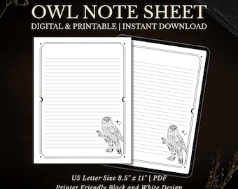 Witchy Printable Note Sheet, 8.5x11 Digital Download, Dark Academia Stationery, Lined Paper PDF, Owl, Moon & Stars Writing Paper