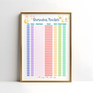 May include: A framed "Ramadan Tracker" print with a gold frame. The tracker features columns for fasting, prayers, and other activities, with a colorful design. The text "Ramadan Tracker" is written in a script font at the top.