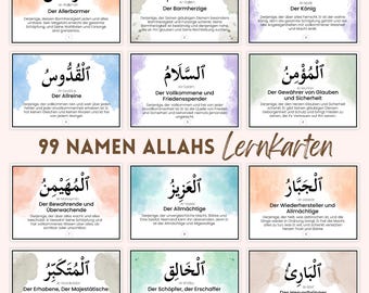 99 Names of Allah Flashcards German Printable | Asmaul Husna Learning Cards | Islamic Homeschool Resource | Muslim Kids PDF