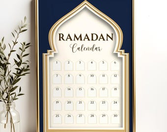Ramadan Calendar Printable for Kids & Families | Navy Blue Gold Islamic Countdown | 30-Day Ramadan Tracker | Muslim Home Decor