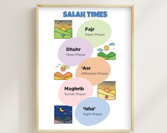 Salah Times Poster for Kids | Islamic Prayer Times Wall Art | Muslim Children Learning Print | Islamic Home Decor