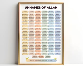99 Names of Allah Printable Poster for Kids | Asmaul Husna Wall Art | Islamic Educational Decor | Muslim Nursery Print | PDF 5 Sizes