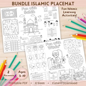 Puede incluir: Dos manteles individuales imprimibles en blanco y negro con actividades educativas islámicas. Una hoja titulada Fun with Salah incluye una mezquita, una alfombra de oración y movimientos. La segunda hoja, Fun with Wudu, muestra pasos de lavado y juegos.