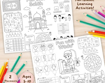 Islamic Activity Placemat Bundle for Kids | Salah & Wudu Worksheets Printable PDF | Muslim Homeschool Learning Ramadan Activity | Coloring