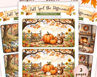 Fall Spot the Difference Printable, Autumn Activities for Kids, Find 10 Differences Worksheet, Preschool Kindergarten, Homeschool Game