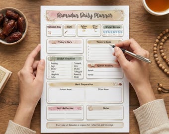 Ramadan Daily Planner for Muslim Women & Moms | Printable Ramadan Planner PDF | Ibadah, Meal Prep, Reflection | A4, US Letter