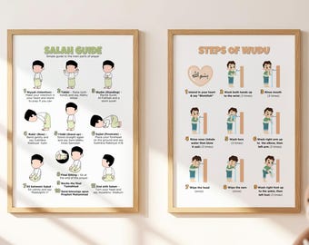Wudu and Salah Guide Kids Poster (Set of 2) | Islamic Prayer Wall Art | Muslim Homeschool Classroom Printable